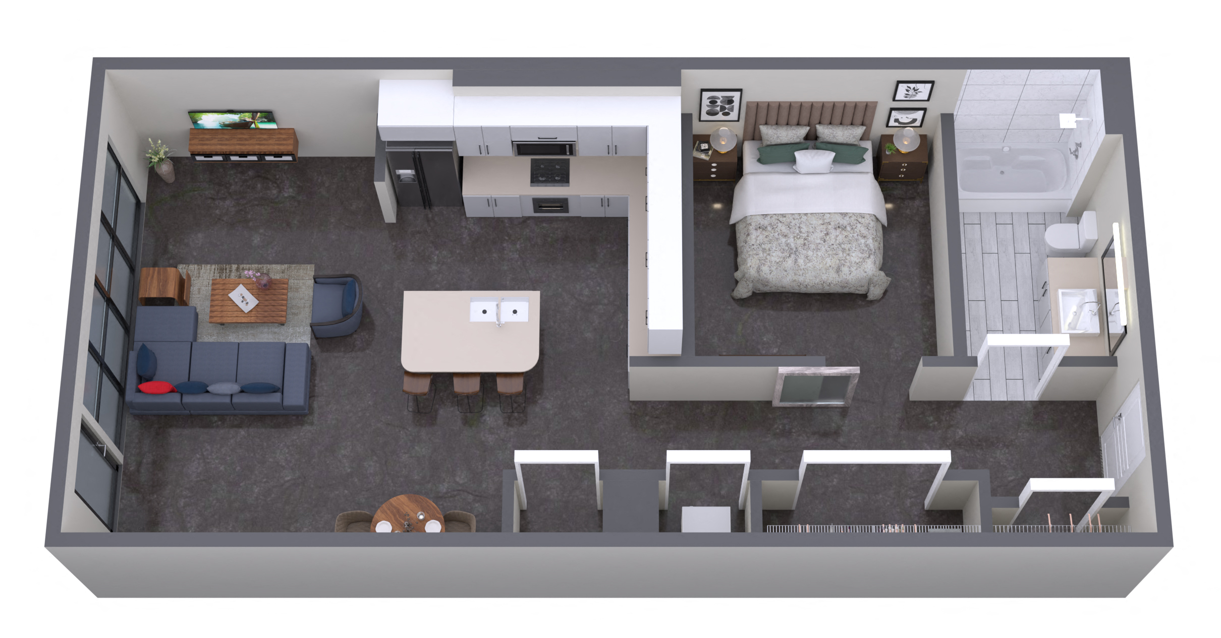 Floor plan for 1 bed, 1 bath, 690 sqft